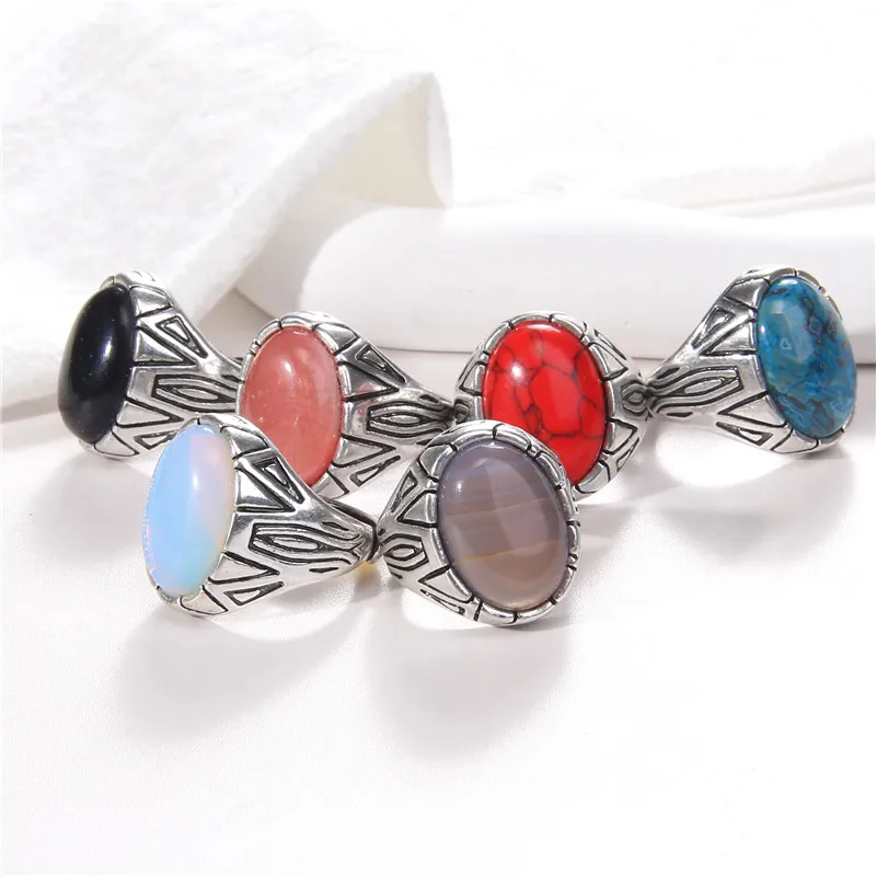 Vintage Natural Stone Rings Silver Color Cabochon Opal Rings for Women Adjustable Charm Ring Men Fashion Jewelry Tribal Party