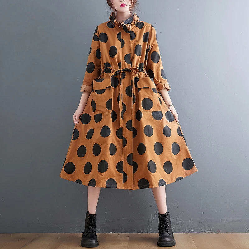 2026 Autumn Winter Oversized Polka Dot Long Trench Coat For Women Clothes Stand Collar Drawstring Fashion Casual Loose Outerwear