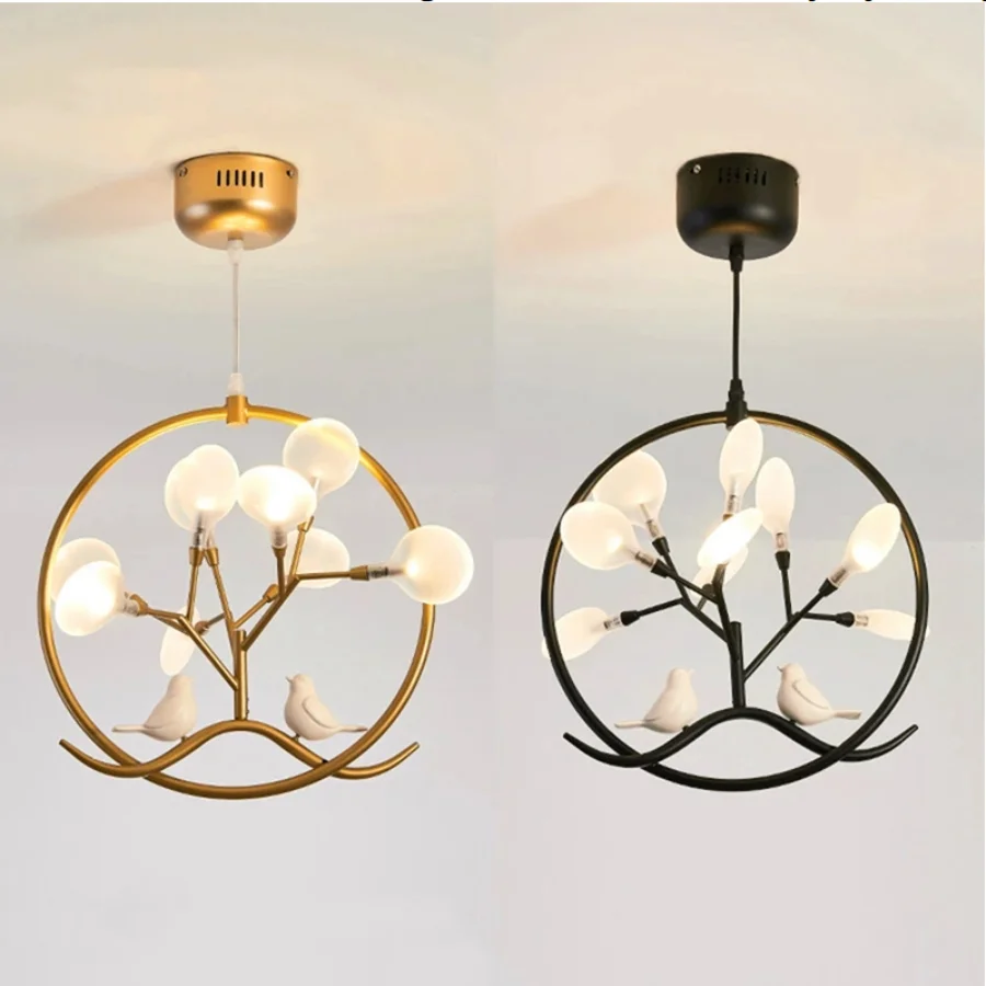 

Nordic chandelier Ring Stylish Tree Branch Iron Gold chandelier birds Home Decoration for Living Room Bedroom country style lamp