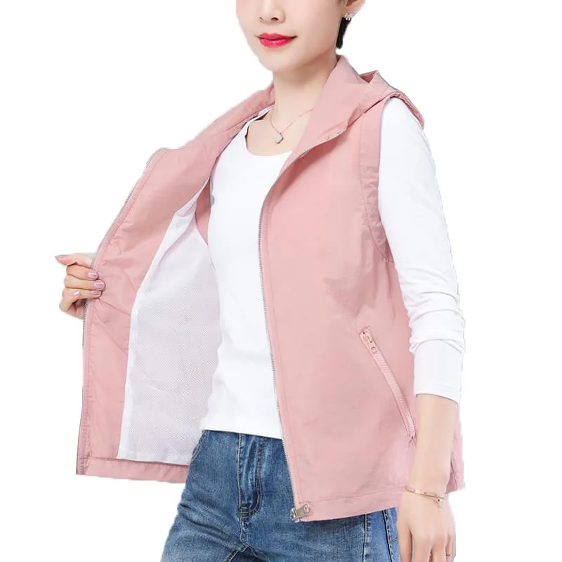 

Double Layer Women Vest Spring Summer Waistcoats Hooded Air Conditioner Thin Sun Protection Vest Ladies Sleeveless Jacket 5XLB