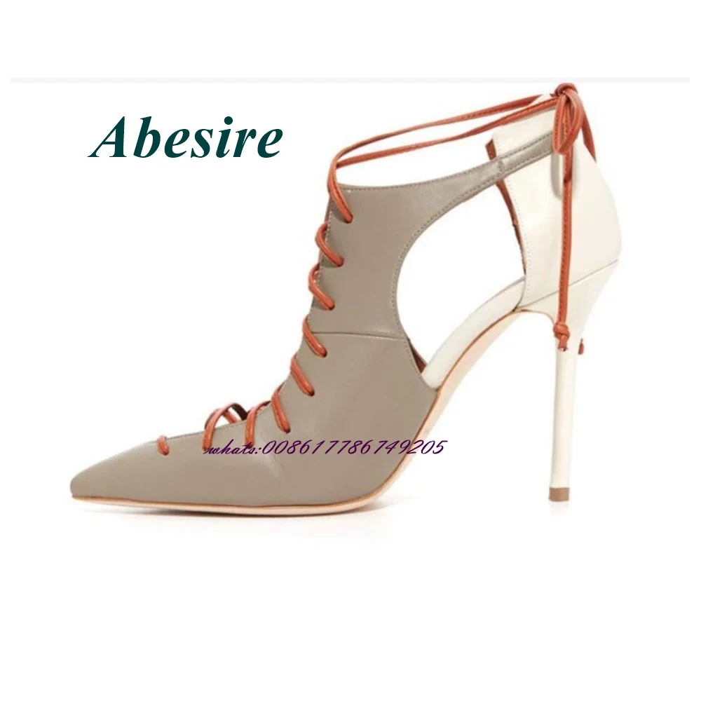 Abesire Pointed Toe Cross Tied Sandals Mixed Color Lace Up Stiletto Heel High Heels for Plus Size Women Summer New Arrival Sexy