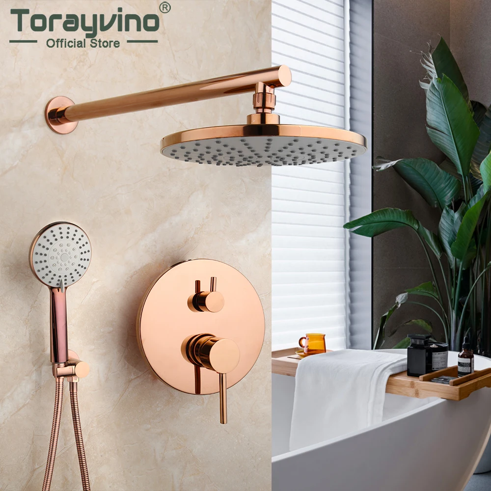 

Torayvino 8" Round Rainfall Rose Gold Bathroom Shower Faucet Set Wall Mounted With Hand Shower Rotate Bath Spout Mixer Water Tap