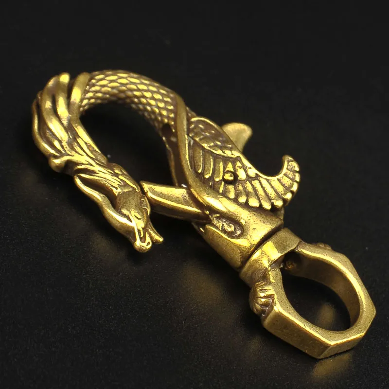 Vintage Brass Dragon Phoenix Couple Keychain Antique Copper Dragon Carabiners Key Chains Men Waist Buckle Car Keys Holder Gifts