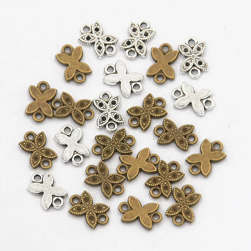 50Pcs 7X11mm New Product Two Color Butterfly Flowers Charms Personality Connector Jewelry Metal Alloy Marking DIY Handmade Craft