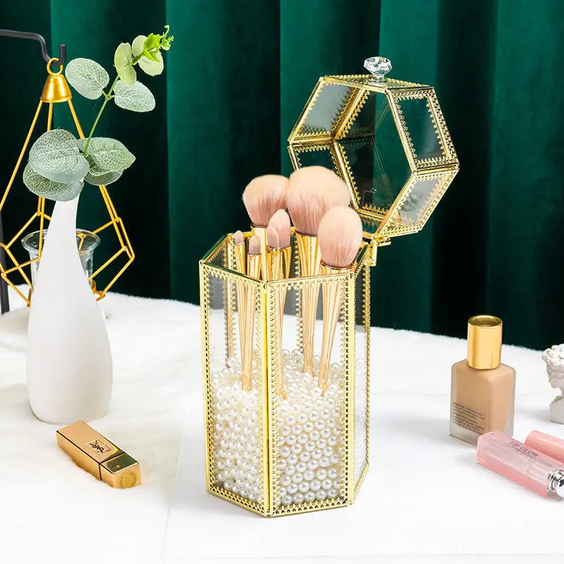 Ins Vintage Glass Makeup Brush Holder Gold Square Prismatic Copper Edging  Cosmetic Holder Lipstick Pencil Storage Container