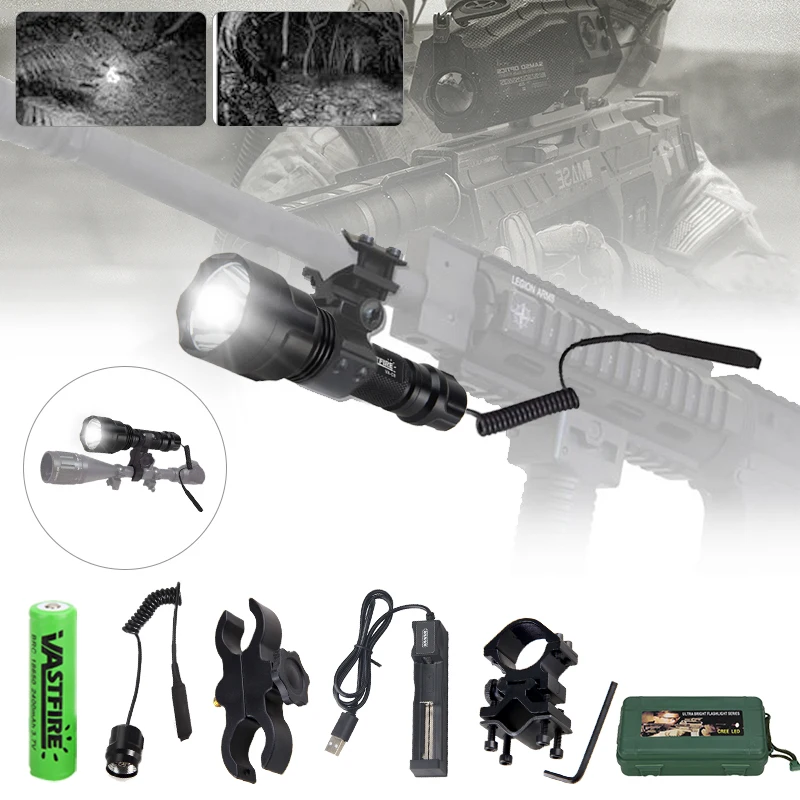 Tactical 5000LMs C8 Led Night Hunting Flashlight White/Green/Red Predator Torch+2*Rifle Scope Mount+Switch+18650+USB Charger+Box