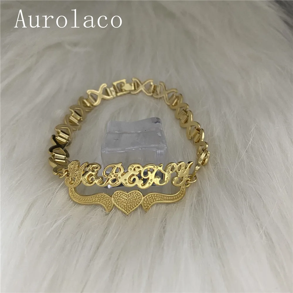 Imagem -03 - Aurolaco Pulseira com Nome Personalizado Bracelete em Aço Inoxidável Banhado a Ouro