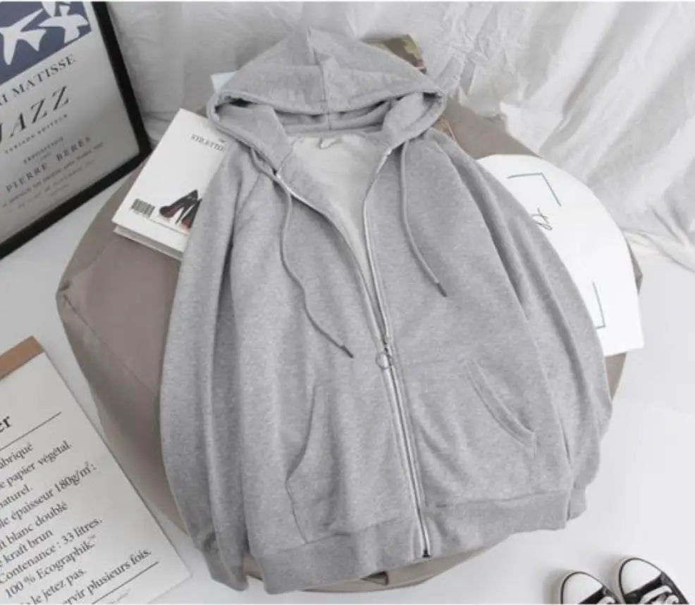 

2021 Jacket Women Solid Color Hoodies Autumn Hooded Sweatshirt Thin College Loose Thick Zipper Sports Jacket Sweatshirt Tops