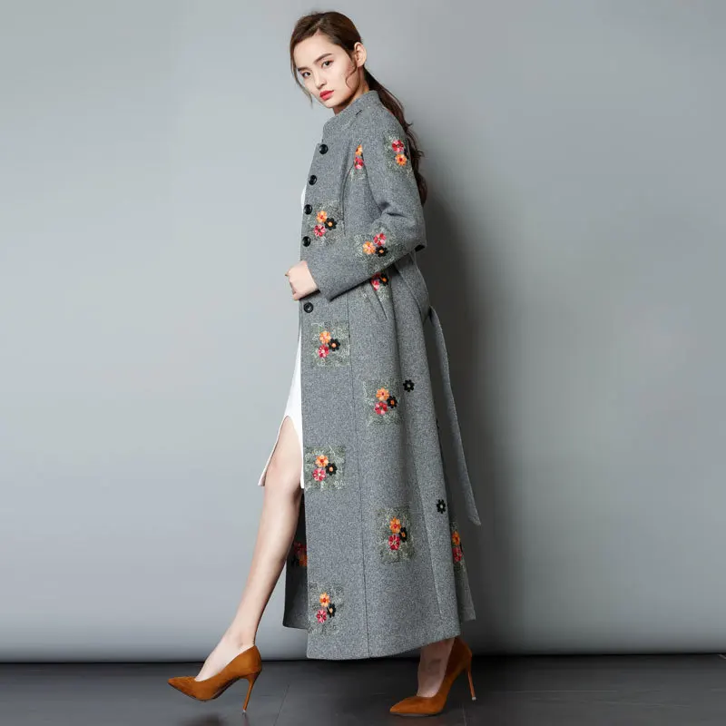 

Casaco Feminino Long Wool Coat Plus Size Autumn Winter Coat Women Mandarin Collar Embroidery Floral Coats Abrigos KJ181