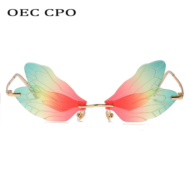 OEC CPO Personality Dragonfly Rimless Sunglasses Women Fashion Steampunk Sunglasses Female Frameless Eyewear Men Glasses Oculos