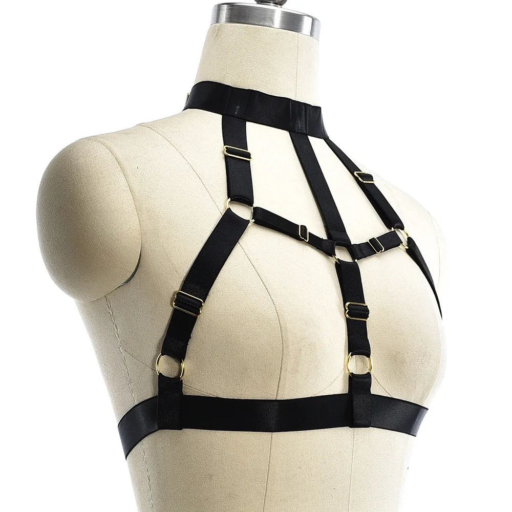 Women Black Body Harness Cage Hollow Open Chest Bra Goth Bondage Elastic Sexy Lingerie Belt Punk Crop Top Suspender Cage Bra