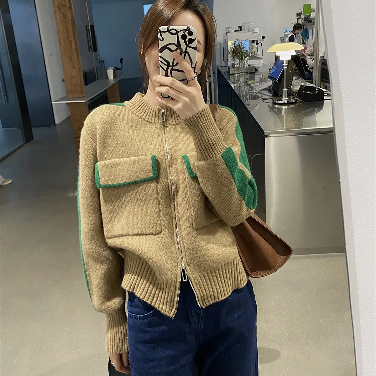 

0241 Vintage Sweater Women Autumn Winter Pockets Zipper Cardigan Fashion All-Match Casual Simple Office Lady Knitted Outerwear