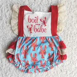 Wholesale Baby Girls Boutique Summer Clothing Crawfish Jumpsuit Lace Romper Newborn Infant Boil Babe Crayfish Children Overalls