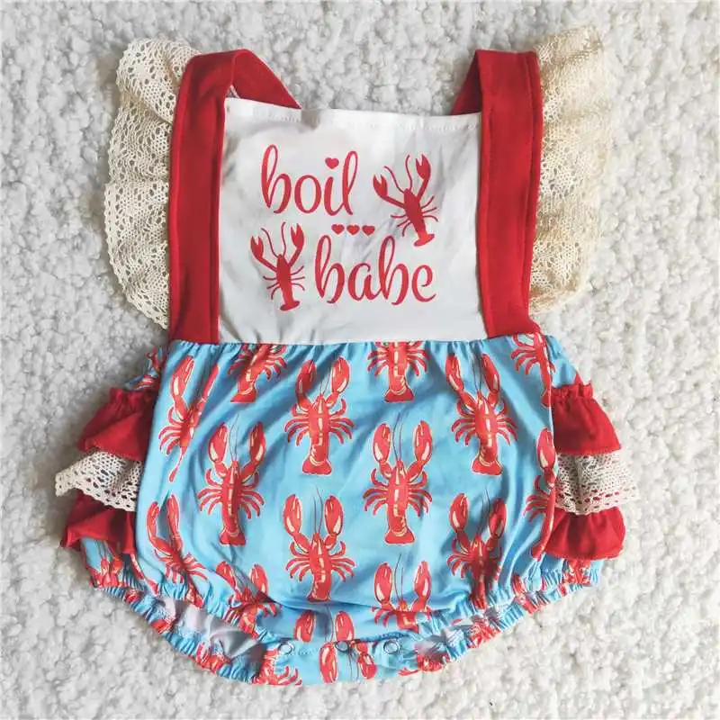 Wholesale Baby Girls Boutique Summer Clothing Crawfish Jumpsuit Lace Romper Newborn Infant Boil Babe Crayfish Children Overalls