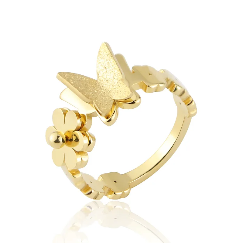 New Arrival Beautiful Flower And Frosted Butterfly Ring For Women Stainless Steel Gold Color Jewelry Gift Brand Ring Wholesale