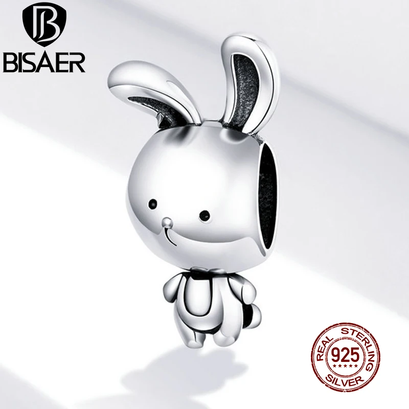 BISAER-Perles de lapin mignon en argent regardé 925, pendentif à breloque petit lapin, convient au bracelet à faire soi-même, collier charmant, cadeau de bijoux, ECC1517