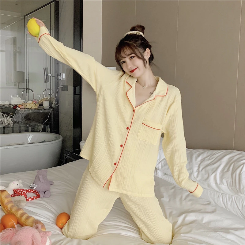 

Pajamas Korean skin-friendly cotton pure color simple home service suit classic casual sleepwear two-piece yellow nightwear new