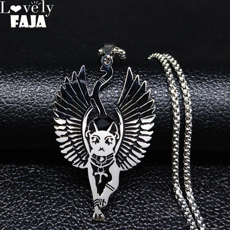 

Egypt Cat Bastet Stainless Steel Ancient Egyptian Wiccan Egyptian Sphinx Cat Bastet Necklace wing Amulet Talisman Jewelry N3219