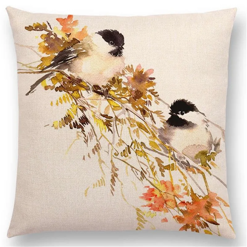 Watercolor Birds Decorative Cotton Linen Cushion Cover Hummingbird Goldfinch Chickadee Cardinal Kingfisher Sofa Pillow Case