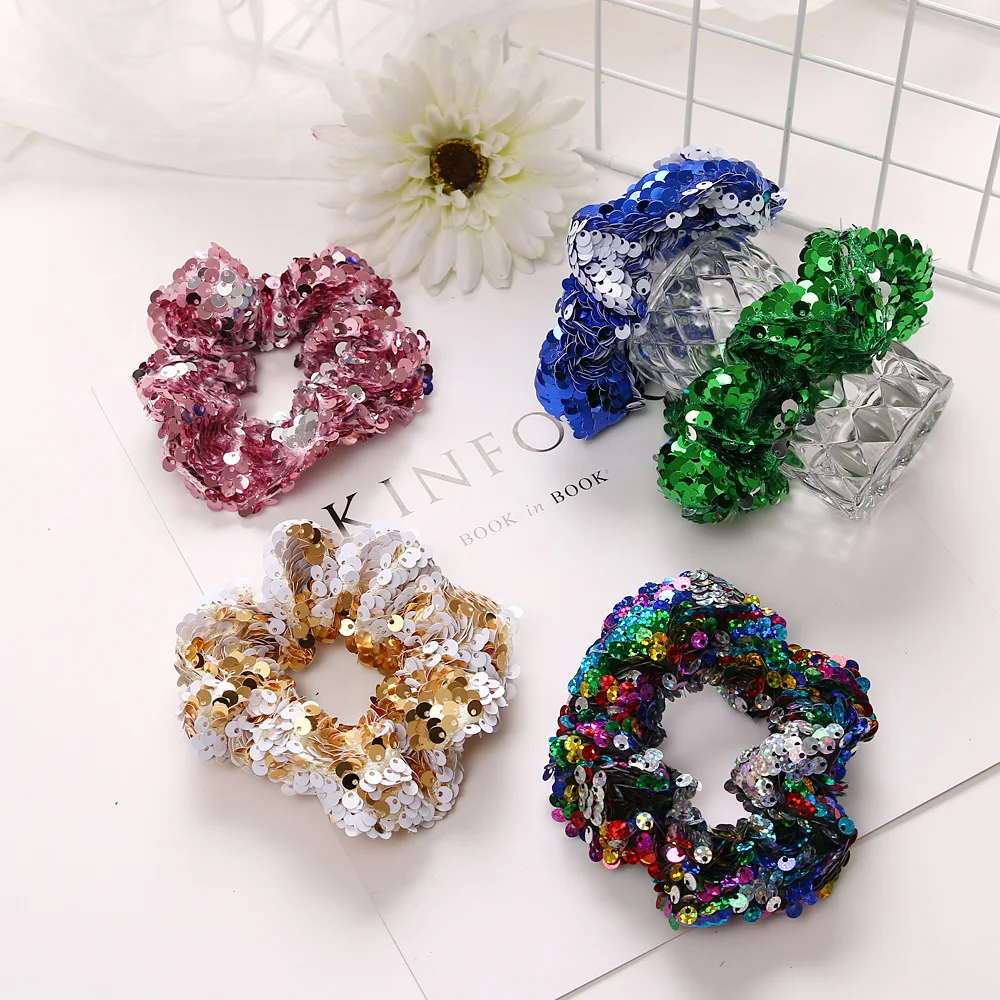 Boutique 12pcs Fashion Mermaid Glitter Sequin Flipping Ponytail Holder Scrunchies Basic Elastic Hair Bands Women Girls Headwear