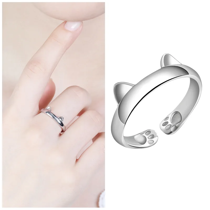 925 Silver Cartoon Kitten Footprint Opening Ring Japan And South Korea Cute Cat Ear Silver Ring Woman Party Birthday Gift