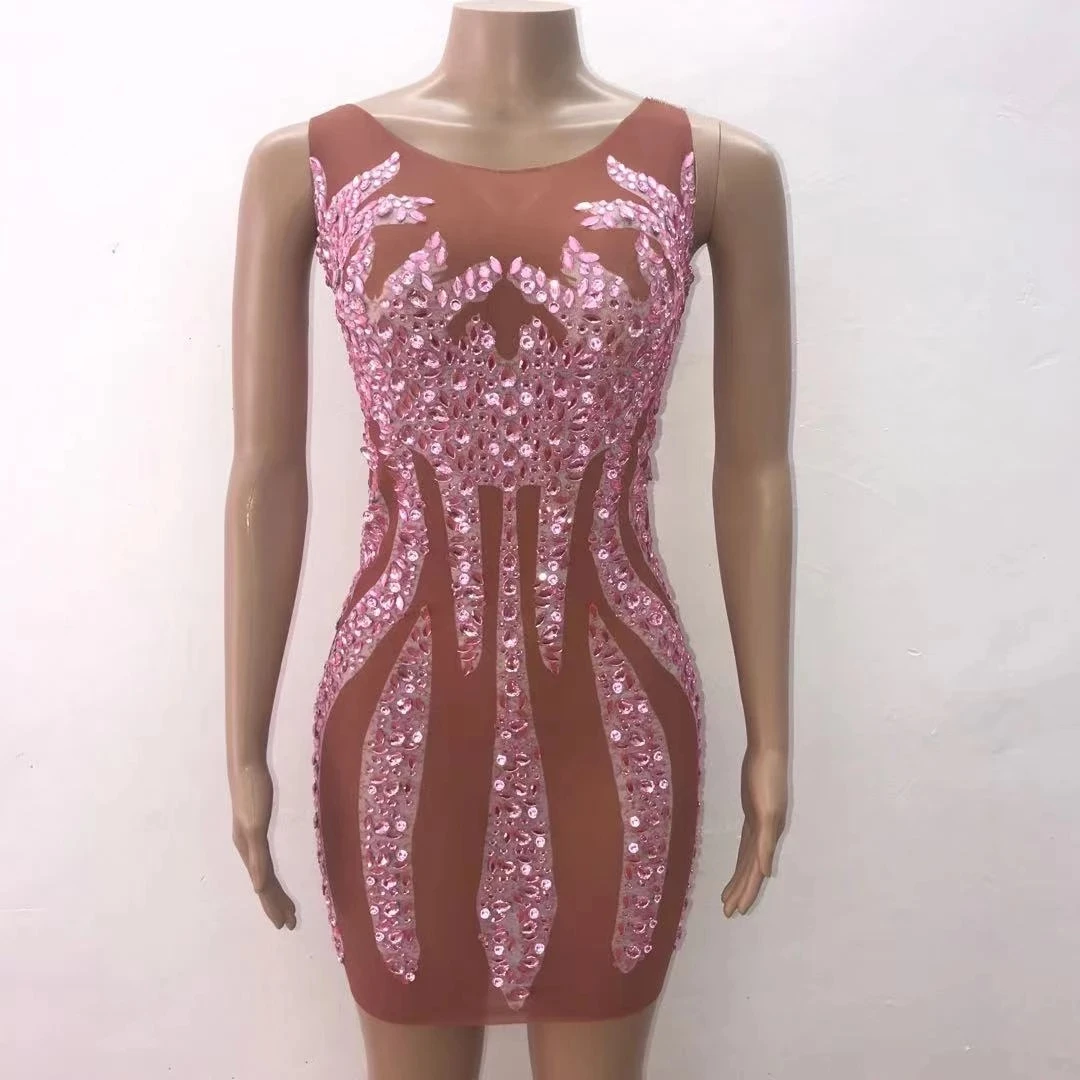 

Rhinestones Pink Evening Dress Sleeveless Dress Glisten Stretch Stones Costume Birthday Celebrate Singer Dance costume