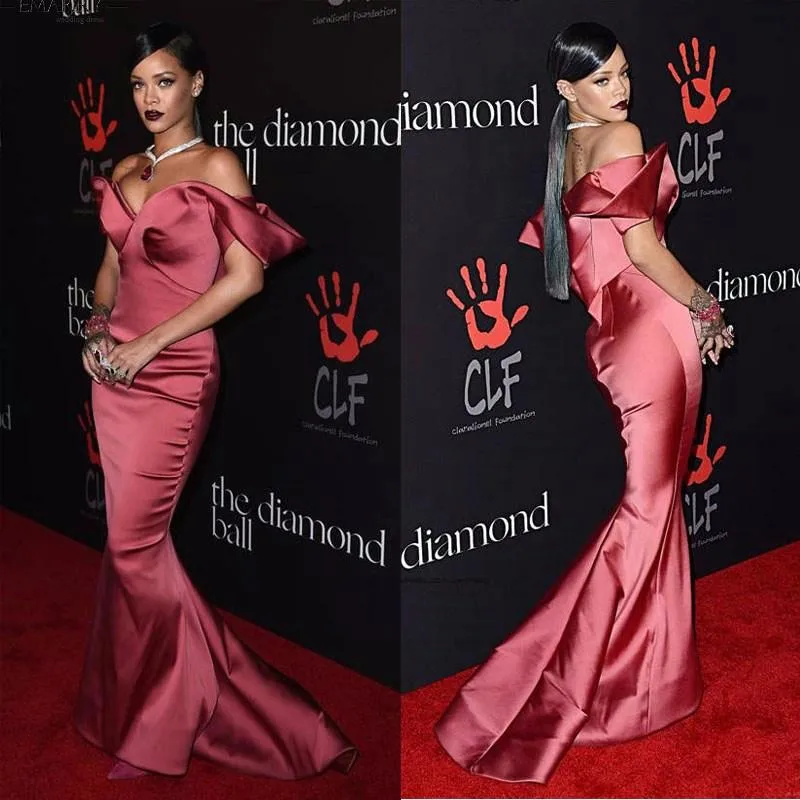 Arrival Sexy Mermaid Satin Celebrity Dresses Off-Shoulder Floor Length Sleeveless Red Carpet Gown