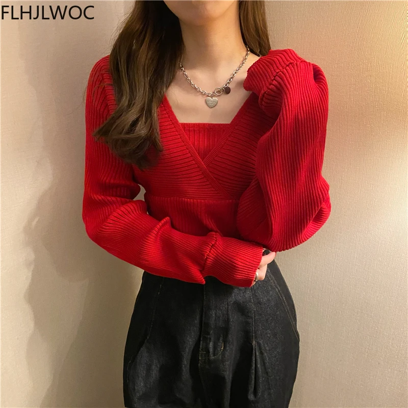 New Year Red Pink Retro Vintage Knitted Jumper Sweater Hot Chic Korea Japan Style Girls Faxu Two Tops Pullovers 2021 Fall Winter