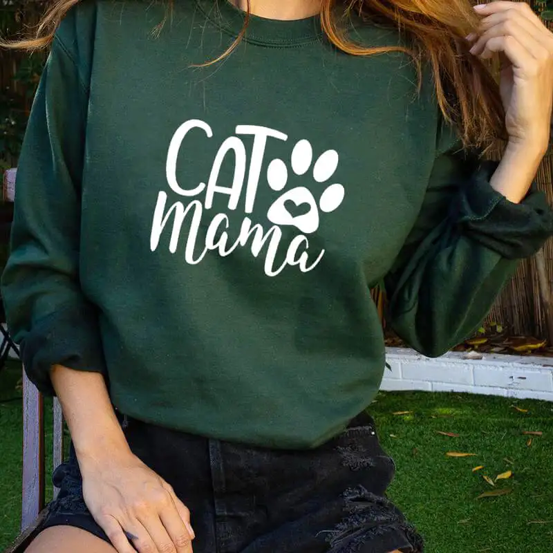 

Sweatshirt Cat MaMa With Cute Paw Graphic Tops New Arrival Women Funny Long Sleeve 100%Cotton Cat Mom Tops Pet Lover Gift