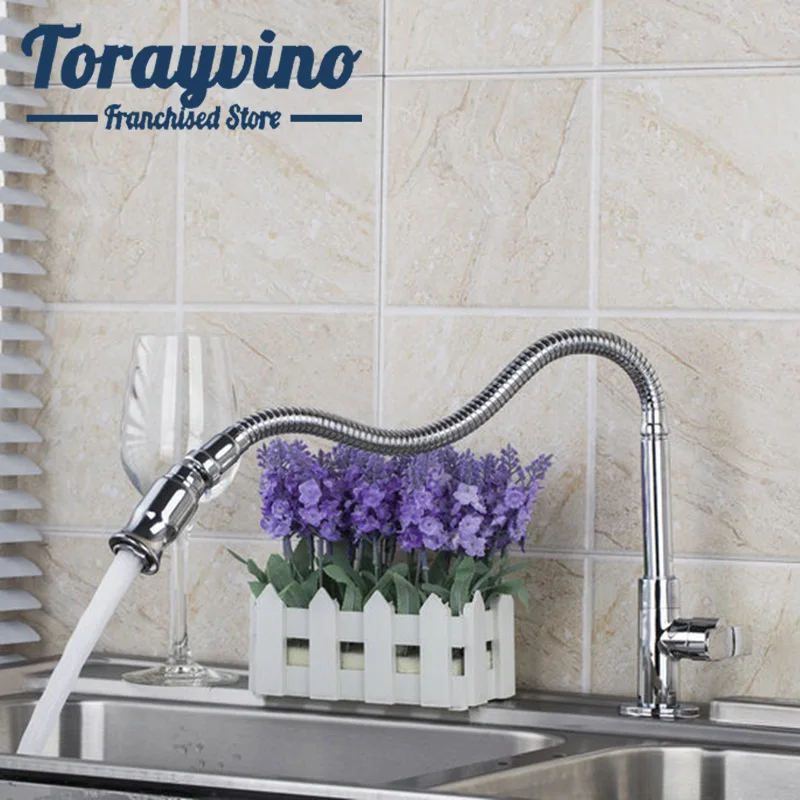 Torayvino Solid Brass Kitchen Faucet Free rotation and fold Stream and Spray Faucet Chrome Finish Single Water mixer Tap