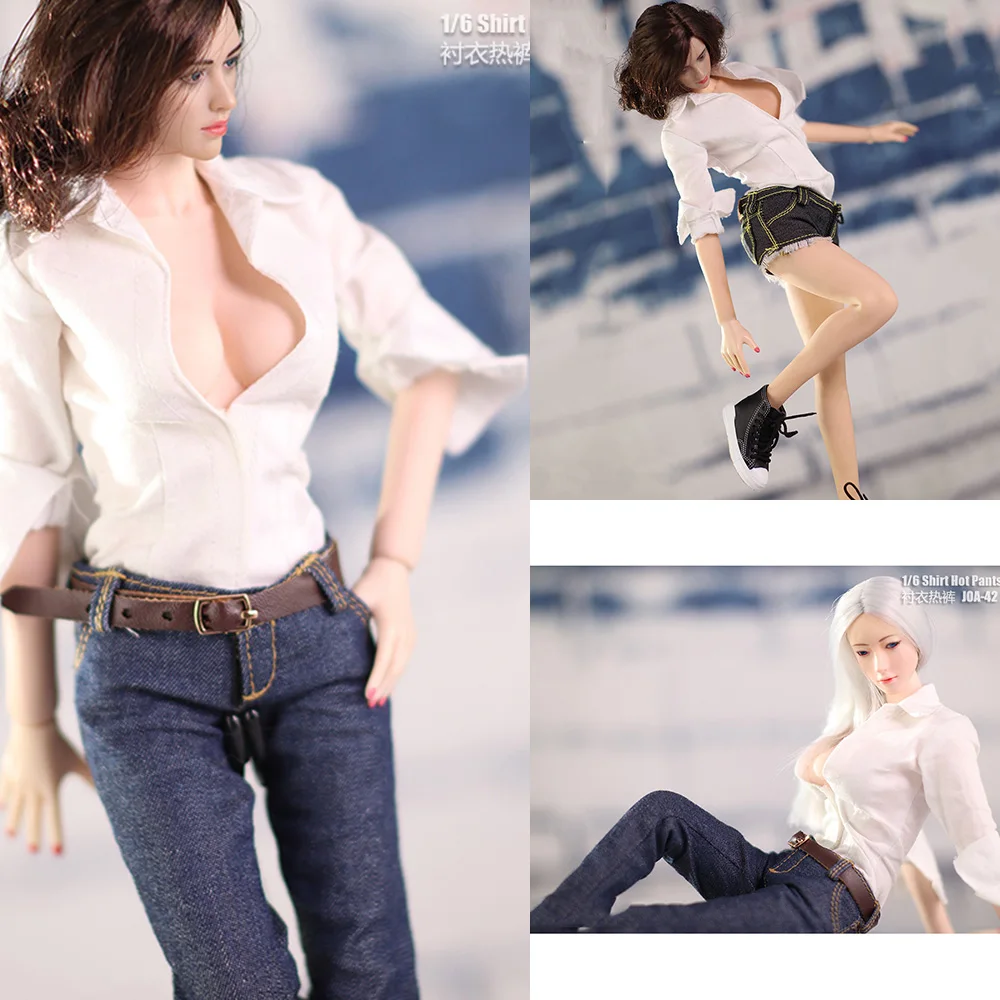 In Stock 1/6 Scale Sexy Female Long Sleeve Deep V-neck Shirt & Jeans Suit Fit For 12