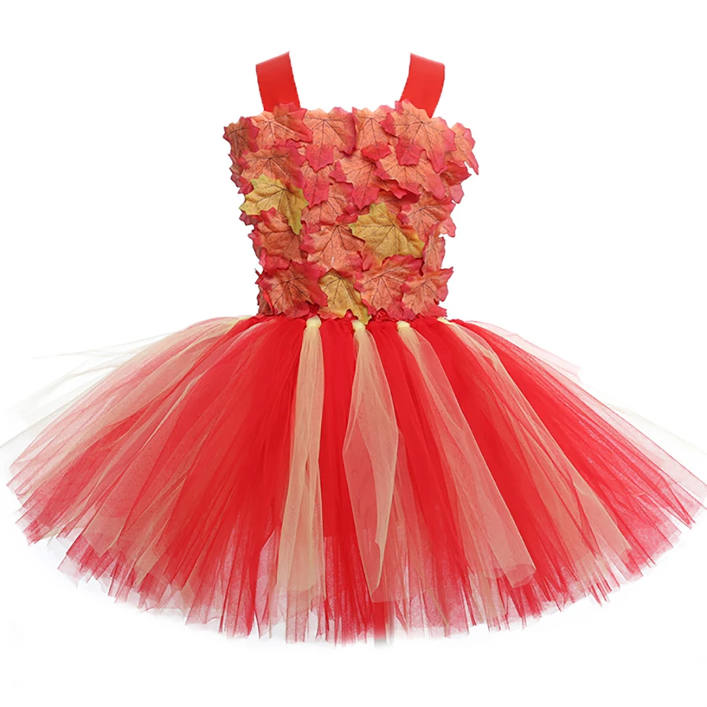 

Maple Leaf Children Girls Party Dresses Red and Gold Maple Leaf Birthday Photograph Clothes Outfits Kids Wedding Tutu Dress