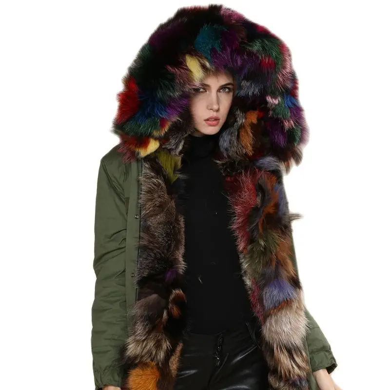 Brown Colorful Fox Fur Parka,Long Style Fashion Winter Fox Fur Mrs Jacket For Ladies Fox Fur Outwear Mulitcolor Mr Fur Parka