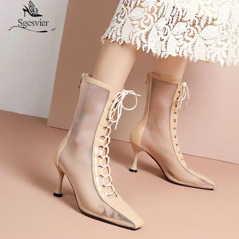 

Sgesvier New 2021 Fashion Black Net Fabric Cross strap Sexy high heel Sandals Woman shoes Pumps Lace-up square Toe Sandals