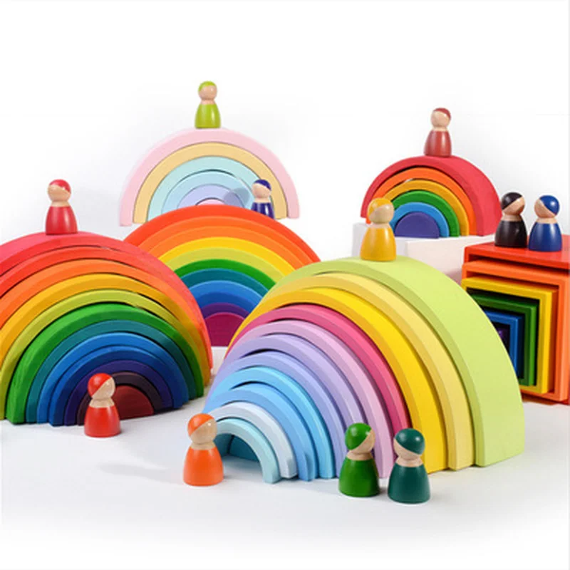 28 Style Large Rainbow Stacker Nesting Puzzle Toys Tunnel Stacking Game Montessori  Wooden Building Blocks Toy For Children