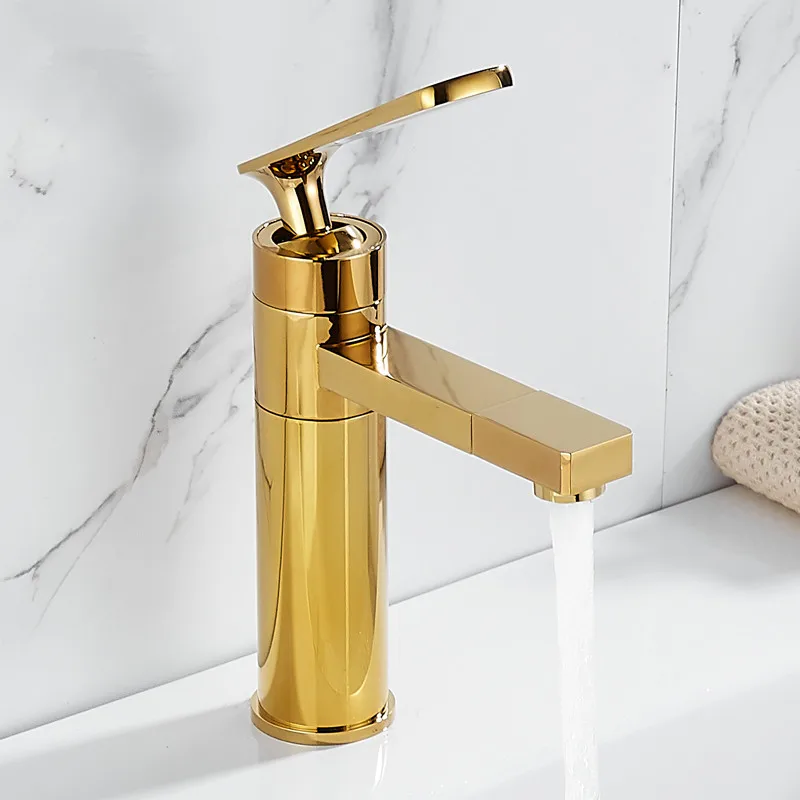 

Bathroom Basin Faucet Solid Brass Hot & Cold Sink Mixer Crane Tap Gold Single Handle Deck Mounted Rotating Faucet European Style