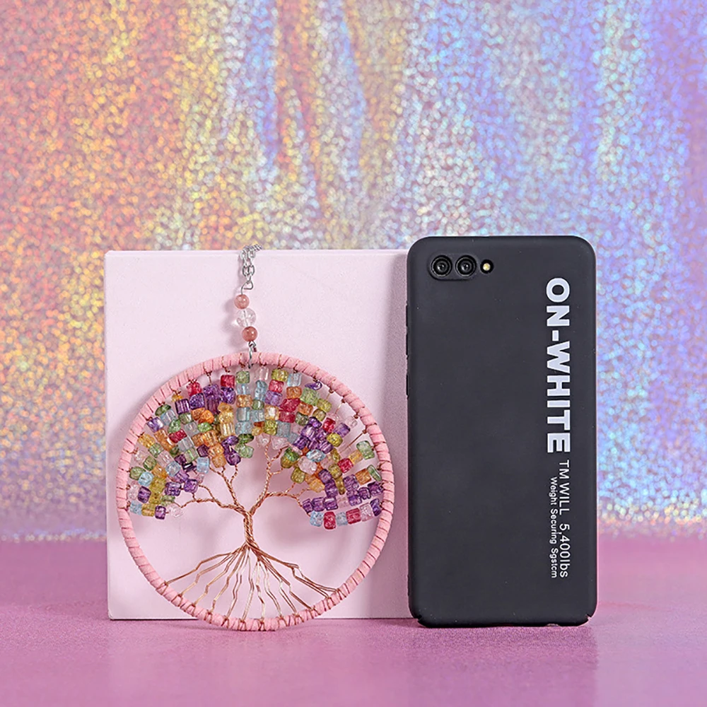 11 cm Traumfänger „Baum des Lebens“, handgefertigtes Dekorationsstück in den Farben Lila, Pink und Blau, zum Aufhängen, geeignet als Fenster-, Auto- oder Wanddekoration für Zuhause und Büro. – Detail 4