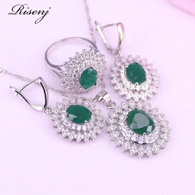 Apple Green Stone Silver 925 Costume Jewelry Set For Wome Earrings Ring Necklace Bracelet Bridal Jewelry T16