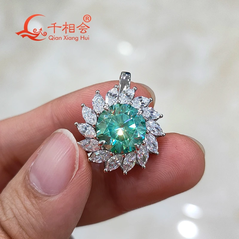 big sun flower s925 silver pendant 10mm blue color round shape white marquise shape moissanite  for weddding dating jewelry