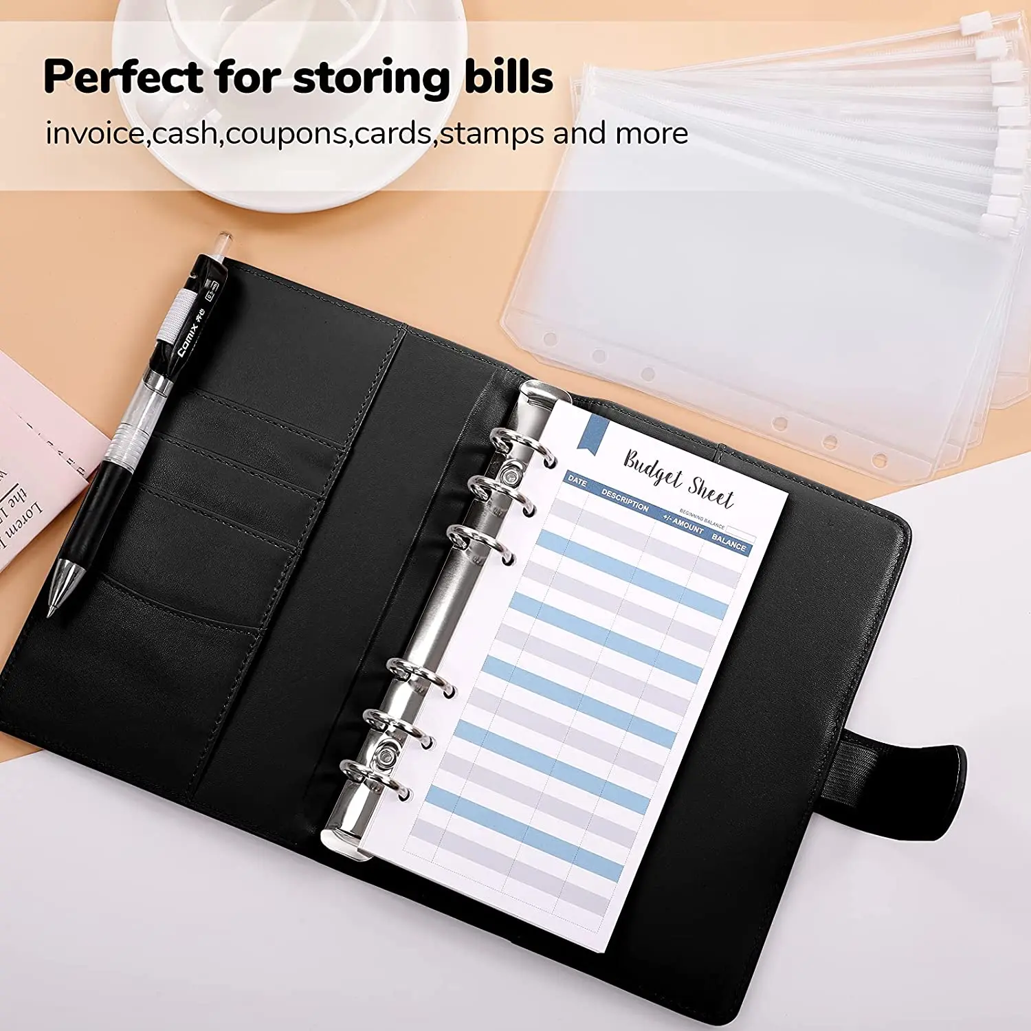 A6 PU Leather Budget Binder with 8PCS Binder Pockets,12PCS Expense Budget Sheets,6 Ring Binder Budget Envelopes with Labels