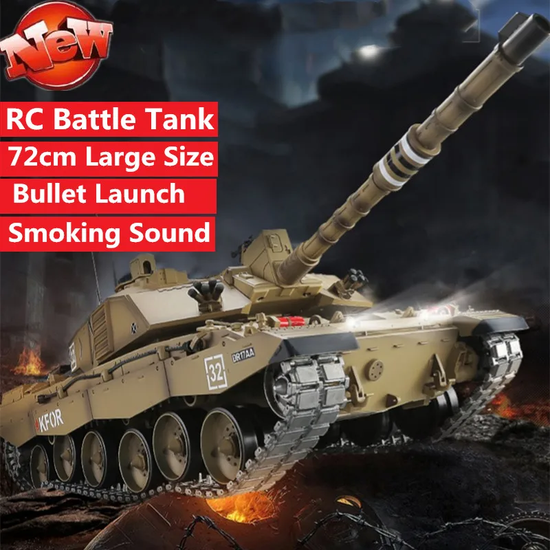 

High Simulation Challenger II RC Battle Tank Sound Effect Bullet Launch Smoking 320 Degree Rotation up down Rmeonte Control Tank