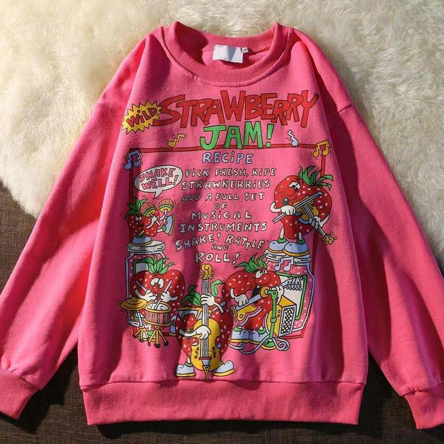 Kawaii Rose Red Cartoon Letter Print Sweatshirt Vintage Streetwear Fashion Tops 2021 New O-neck Casual Teens Clothes Goth Punk