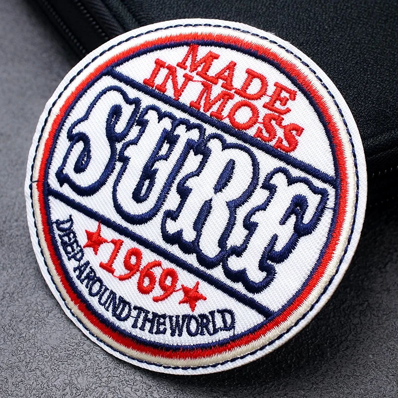 SURF Size:8.1x8.3cm Cloth Patch Embroidered Applique Sewing Clothes Apparel Accessories Badges Circular White