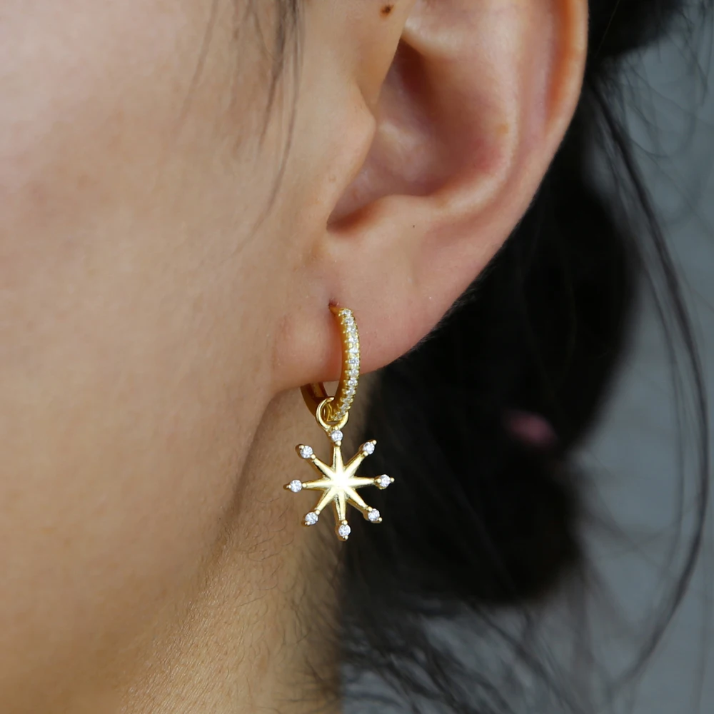 High quality minimal cute lovely 925 sterling silver jewelry sparking bling cz star northstar charm hoop earring 925