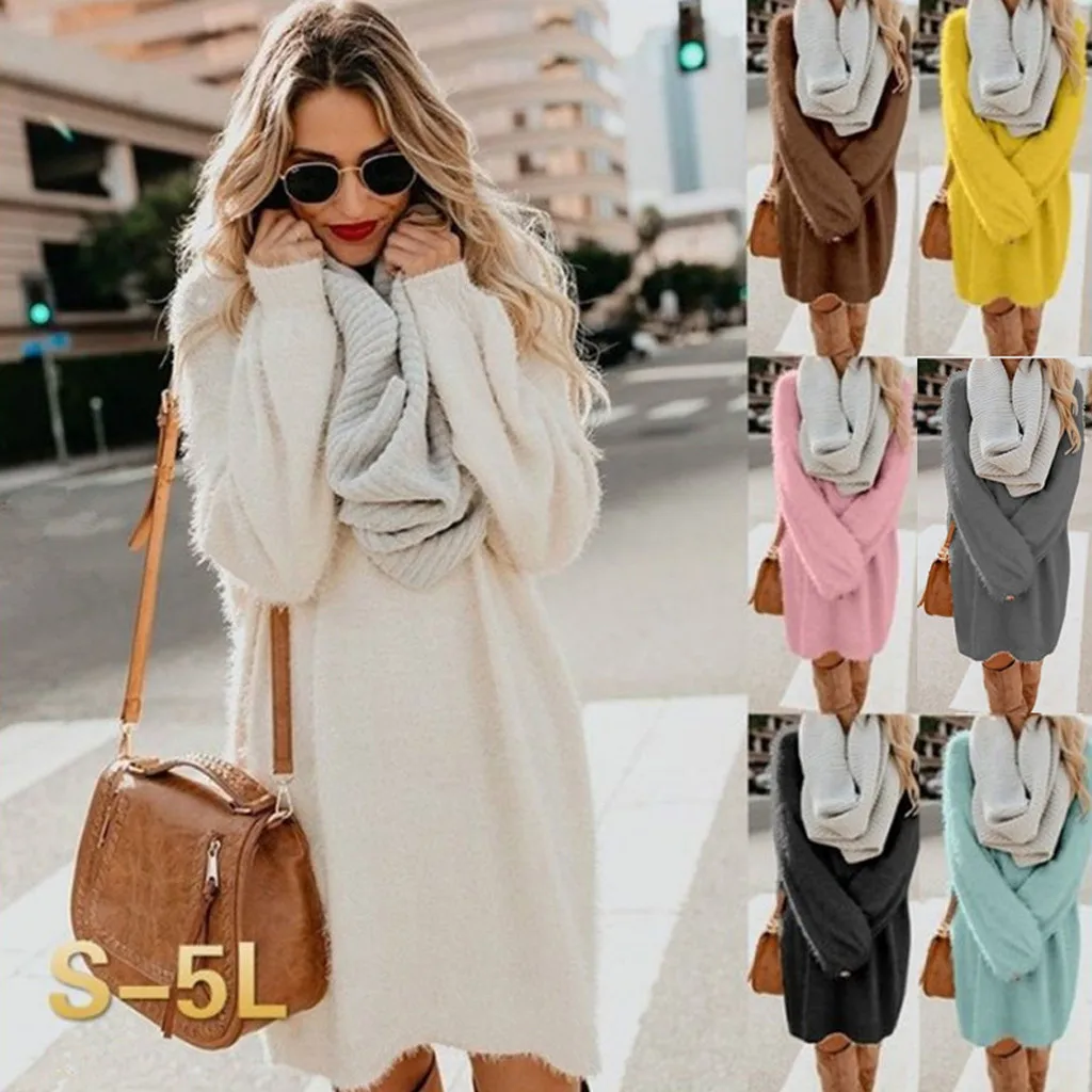 Women Sweater Dresses 2021 Autumn Winter Warm Turtleneck Pullovers Tops New Casual Long Sleeve Jumper Ladies Sweater Dress