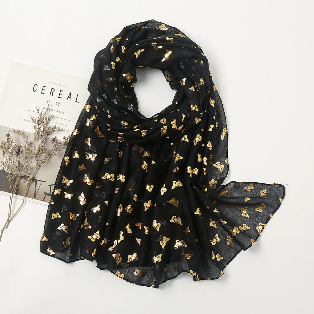 2022 Spring Butterfly Print Gold Foil Scarf Shawls Long Soft Animal Wrap Hijab Scarves 6 Color Free Shipping