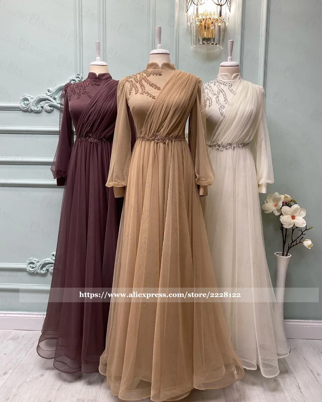 Elegant ดูไบ Kaftan ยาวแขนเสื้ออย่างเป็นทางการ2022ลูกปัดลูกไม้ Tulle A-Line อาหรับมุสลิม Hijab ชุดราตรี Abiye Gece Elbisesi