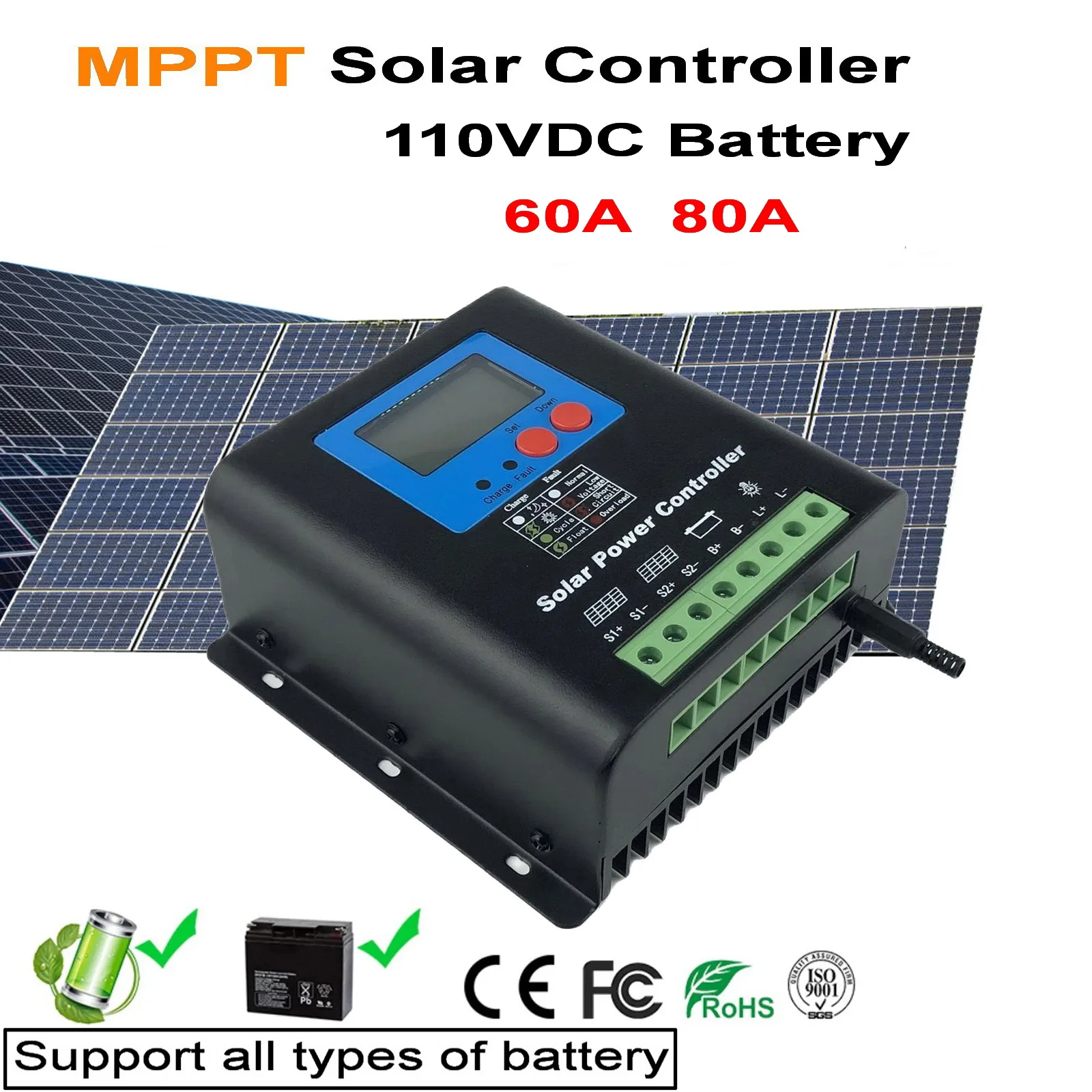 60A 110V 120V MPPT Solar Charge Controller,110V or 120V Battery Regulator 25A for 7000W PV Solar Panels Modules, LED&LCD Display