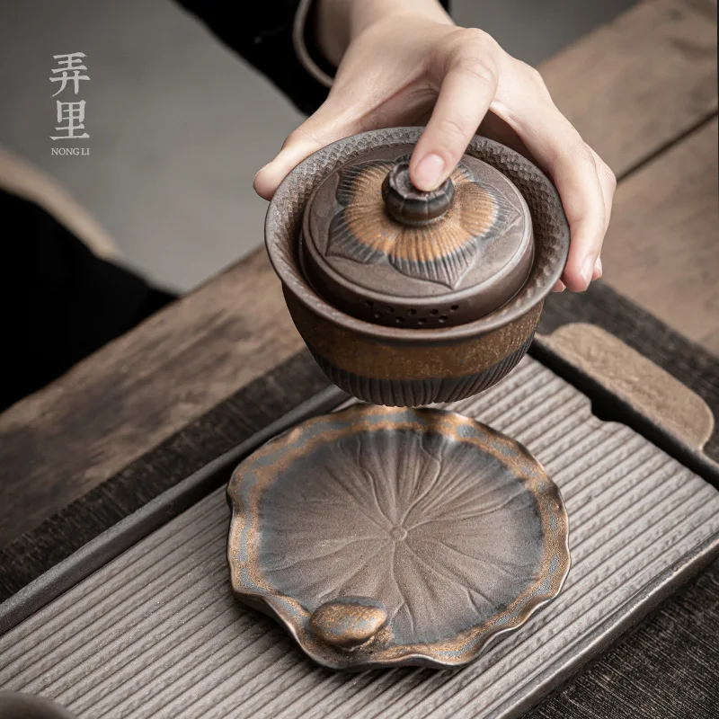 Gilding Stoneware Gaiwan Antique Iron Glaze Tea Brewing Bowl Kung Fu Tea Set Retro Large Household Tea Ware Tea Maker