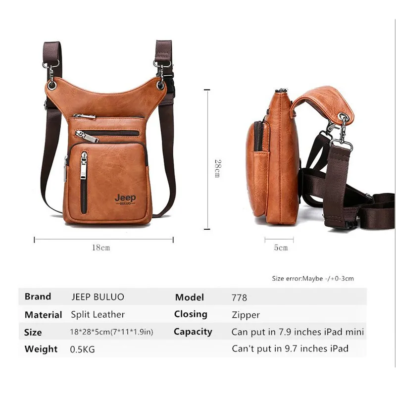 JEEP BULUO Multi-function Bags Men Small Crossbody crossbody bag Split Leather Fashion Leg waist bag Totes New Young Male Mini